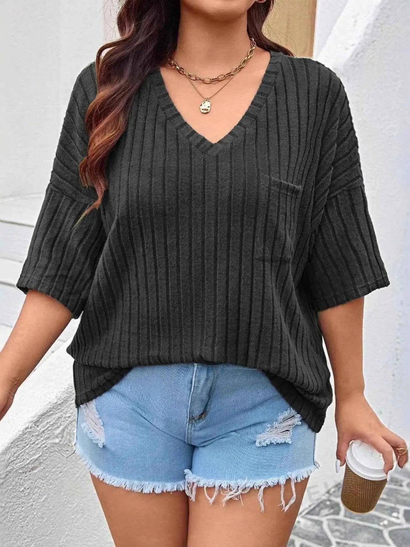 Plus Size V-Neck Ribbed Knit T-Shirt