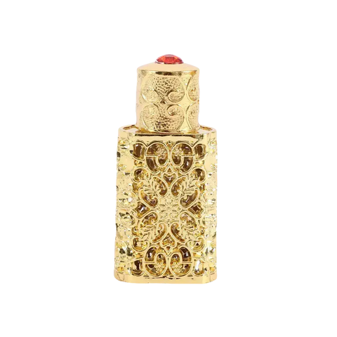 Ornate gold perfume bottle with red gem.