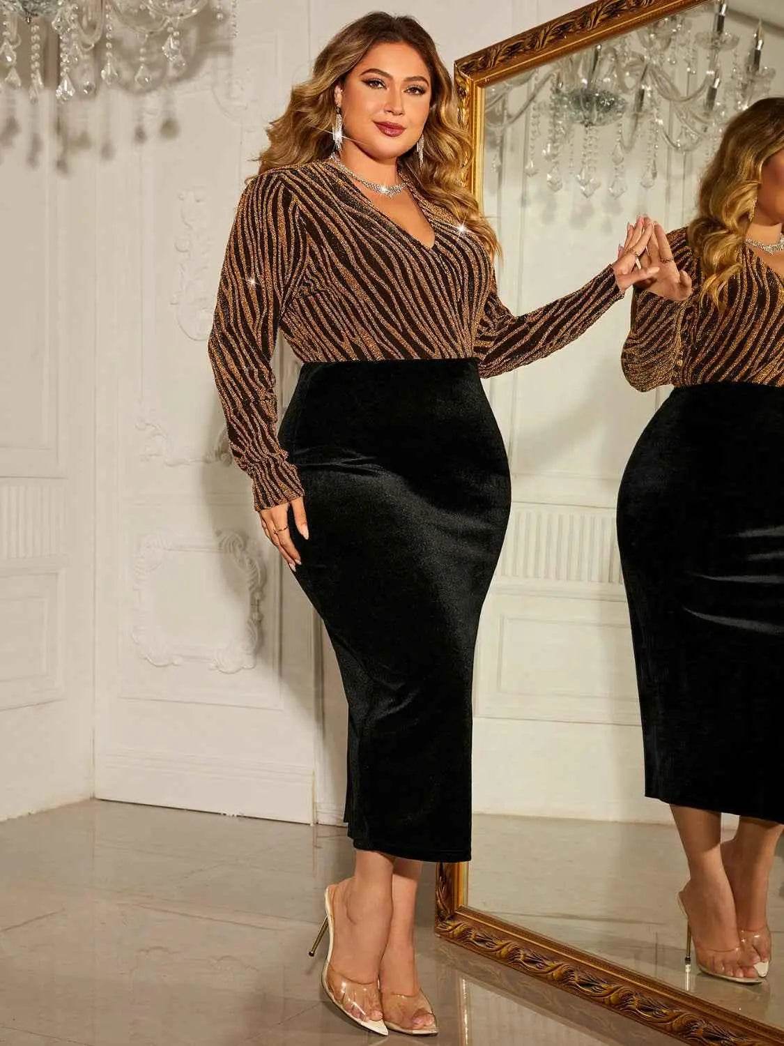 Honey Plus Size Surplice Neck Long Sleeve Slit Dress - GiFTiFY