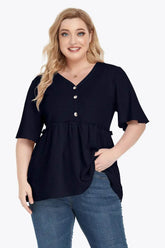 Plus Size Buttoned V-Neck Frill Trim Babydoll Blouse - GiFTiFY