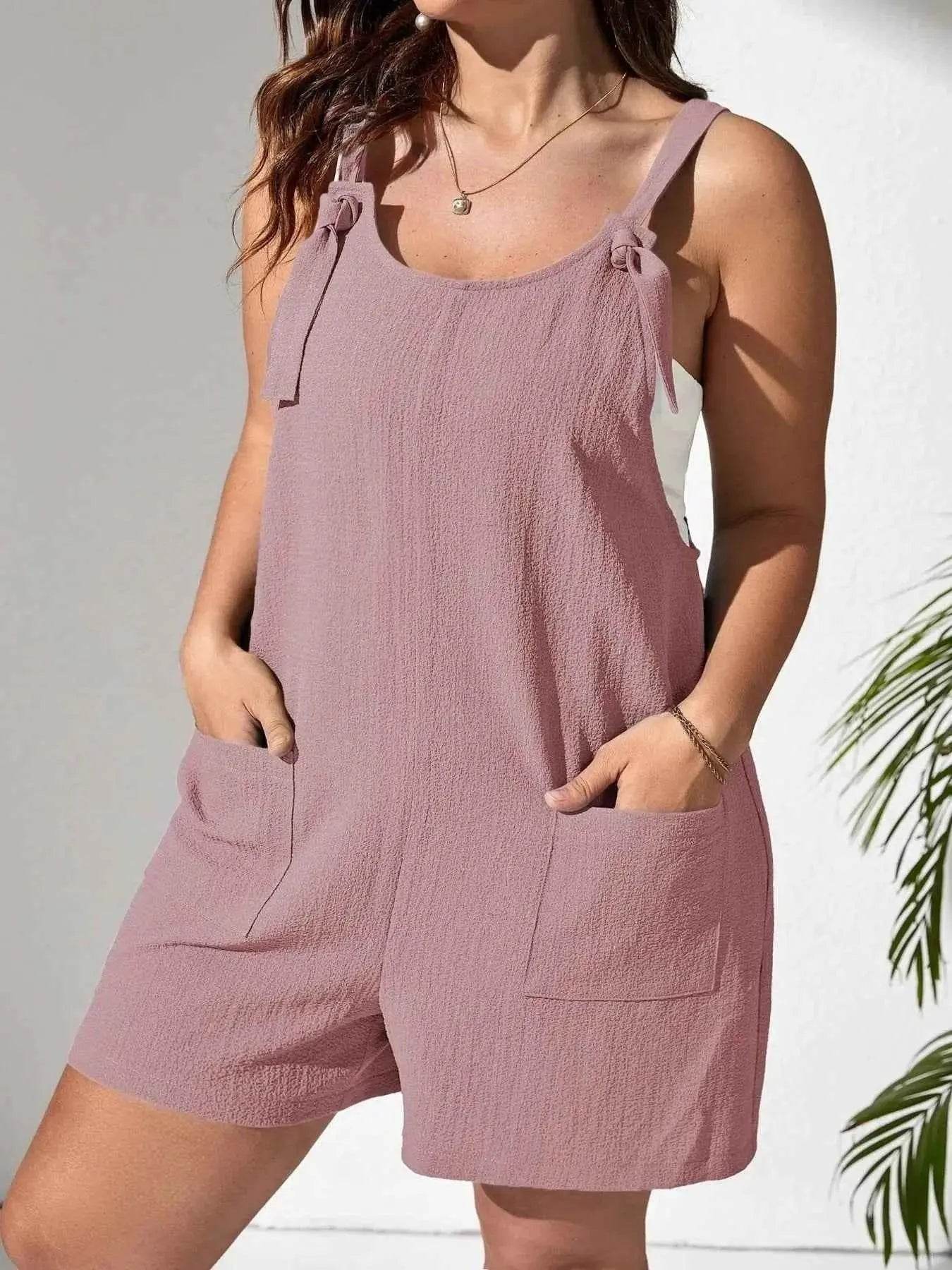 Plus Size Knotted Strap Romper with Pockets - GiFTiFY