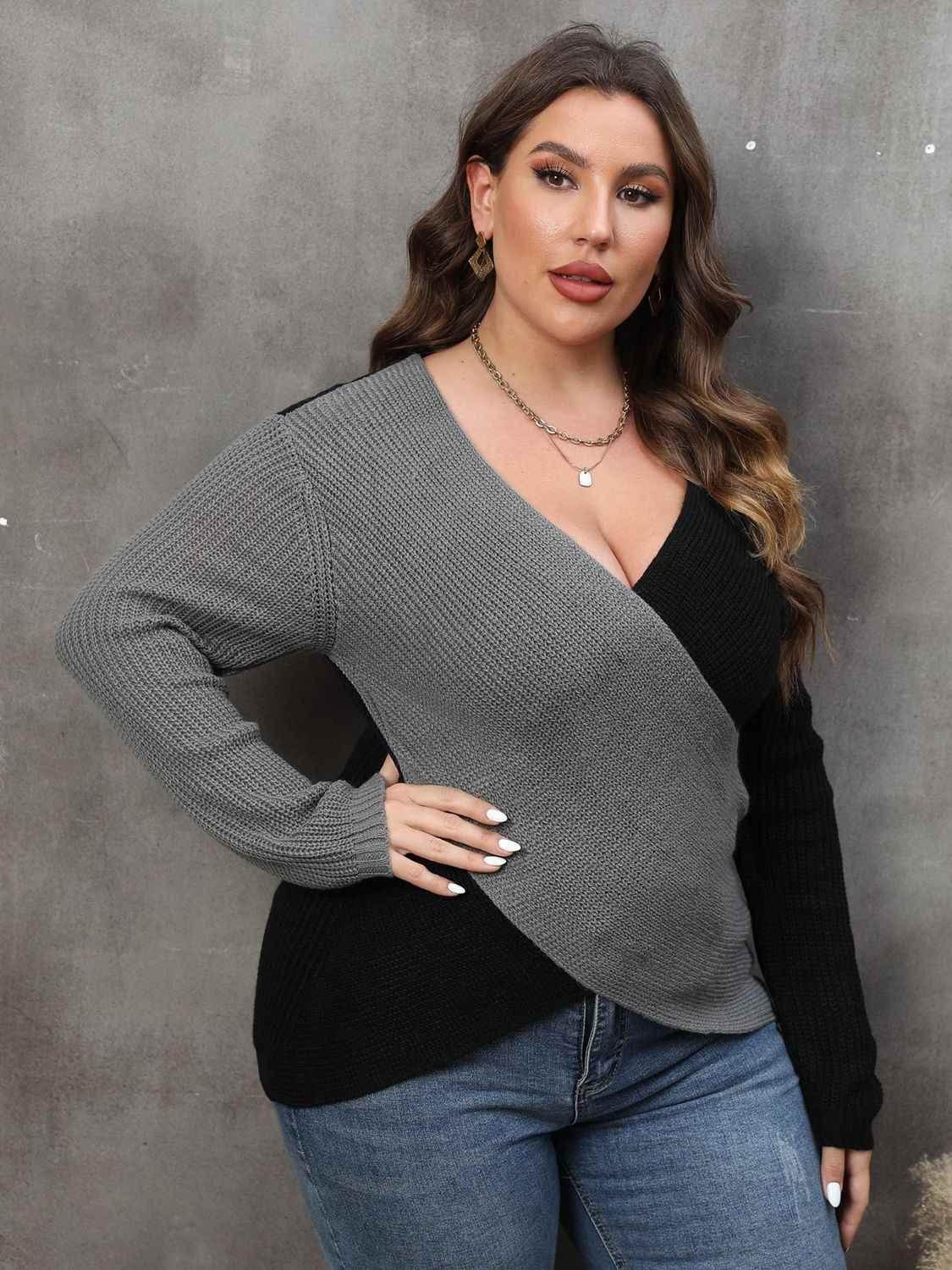 Plus Size Two-Tone Surplice Neck Sweater - GiFTiFY