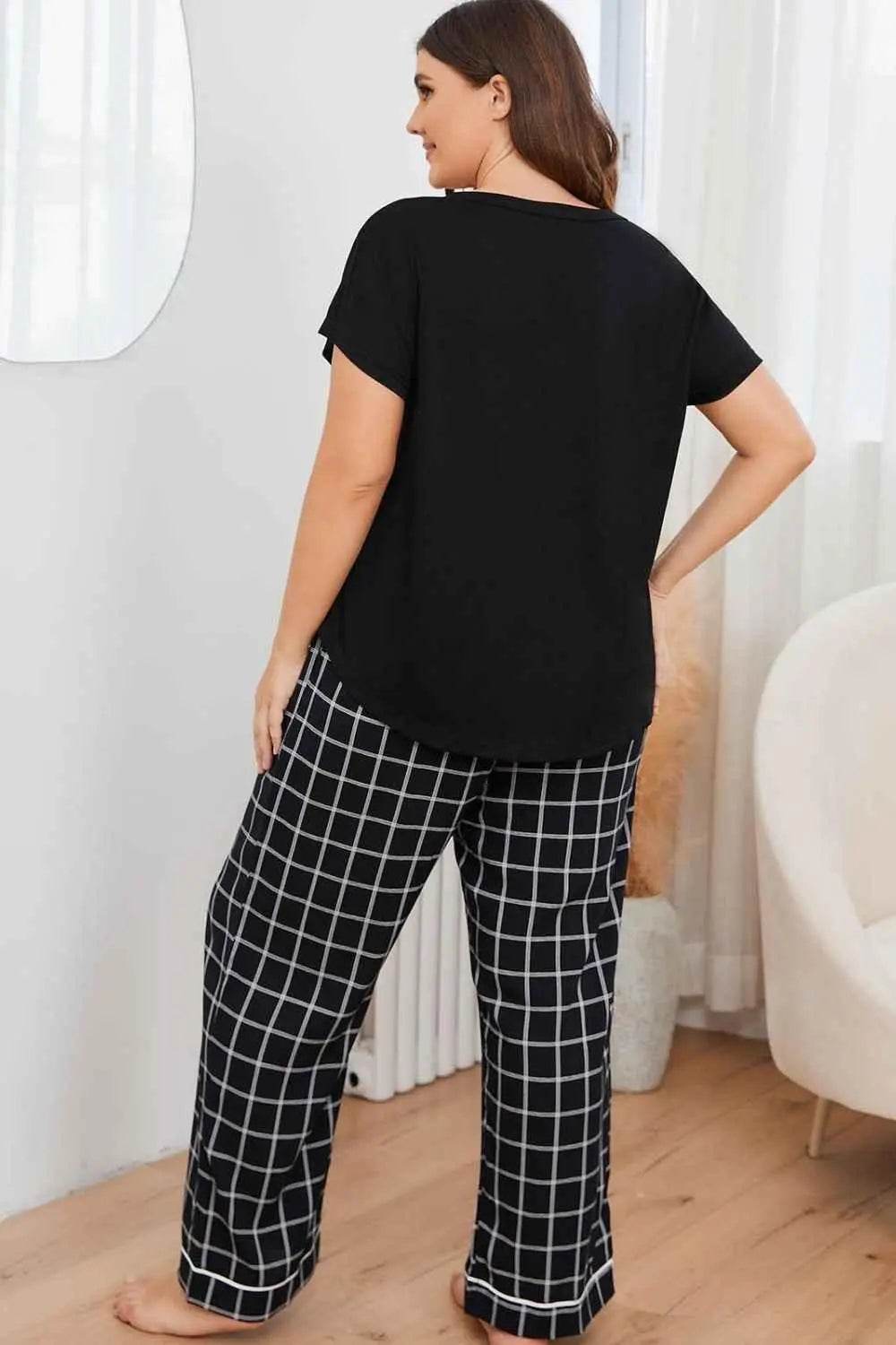 Plus Size V-Neck Top and Plaid Pants Lounge Set - GiFTiFY