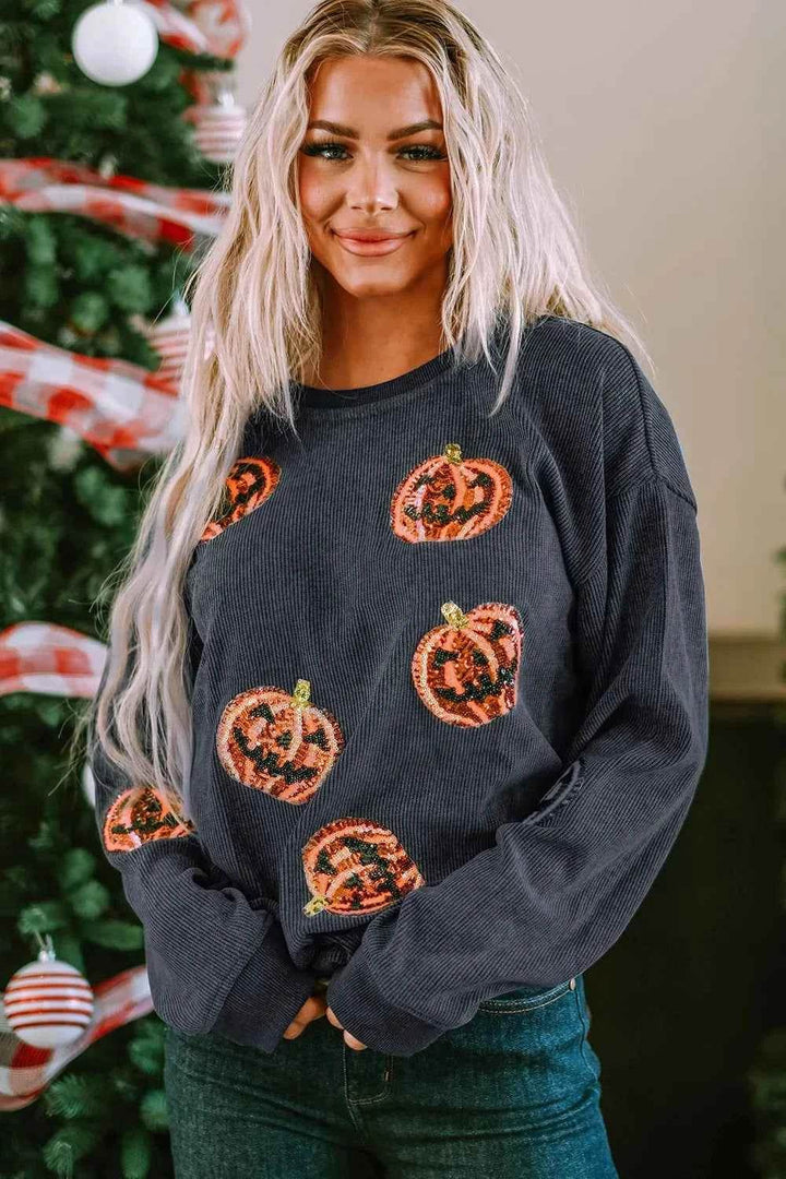 Sequin Patch Pumpkin Round Neck Sweatshirt - GiFTiFY