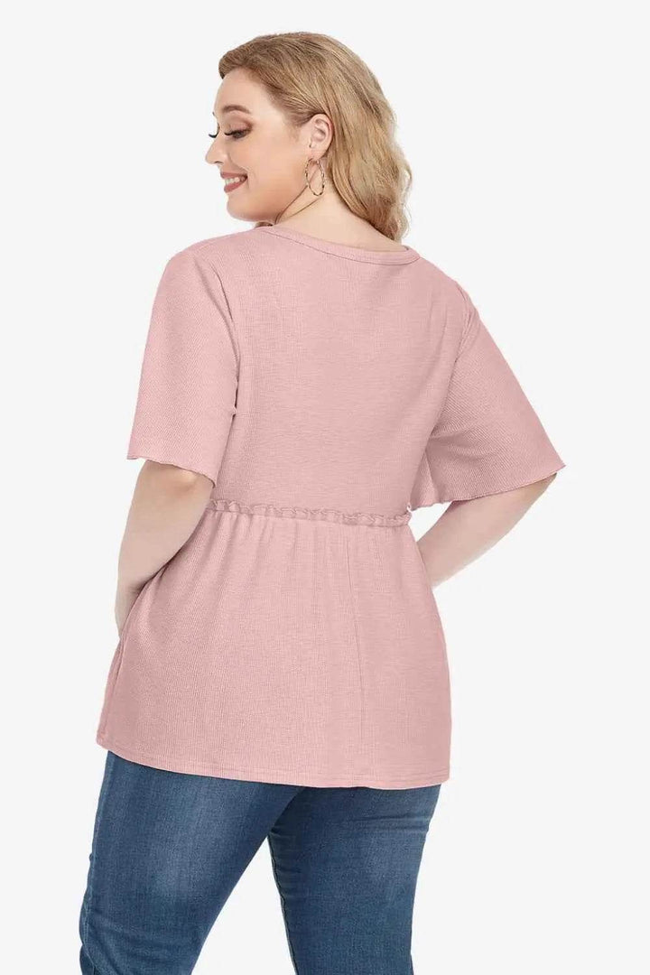 Plus Size Buttoned V-Neck Frill Trim Babydoll Blouse - GiFTiFY