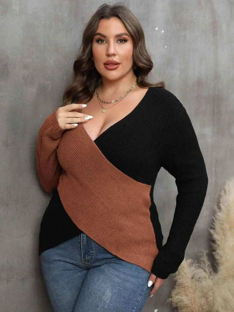 Plus Size Two-Tone Surplice Neck Sweater - GiFTiFY