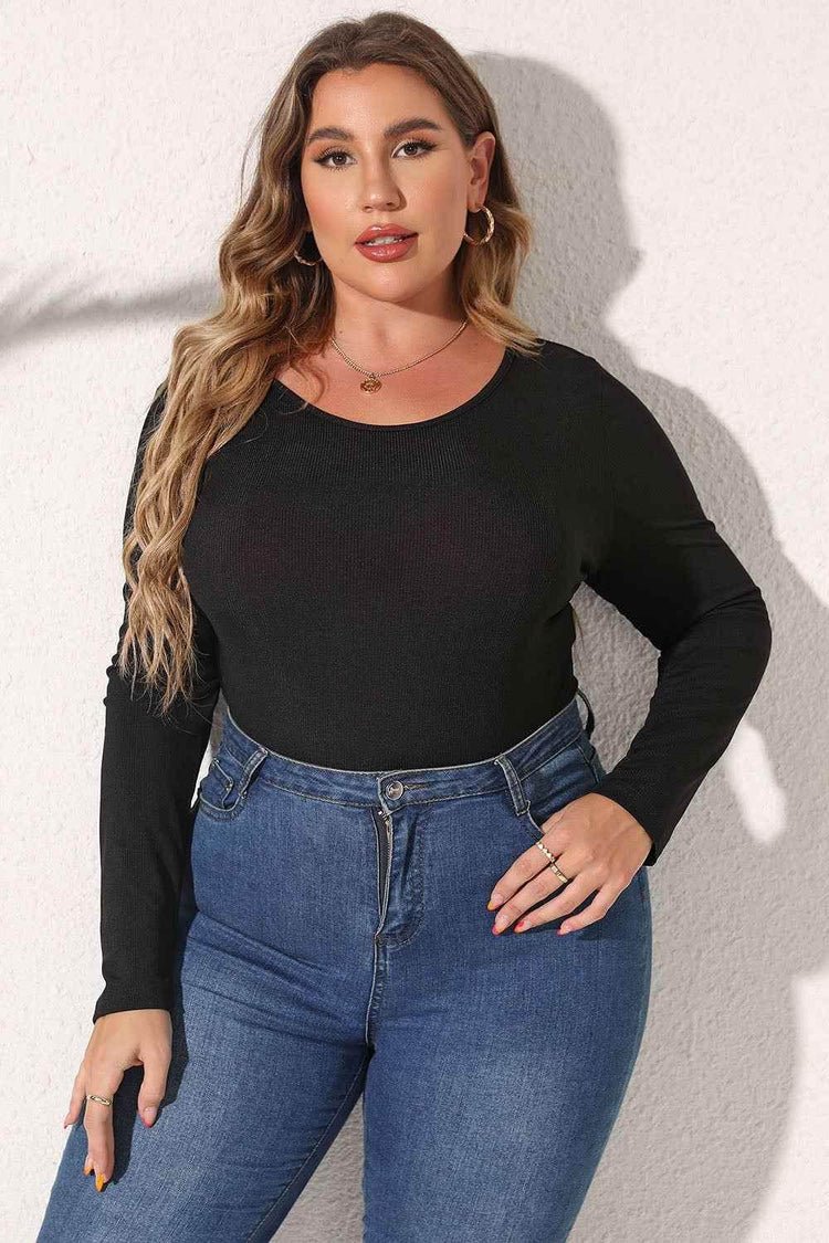 Plus Size Round Neck Long Sleeve Bodysuit - GiFTiFY