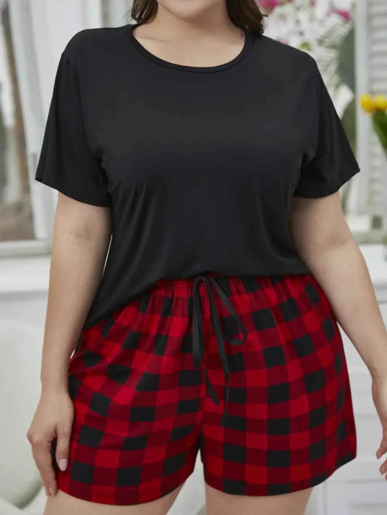 Plus Size Round Neck Tee Shirt and Plaid Shorts Lounge Set - GiFTiFY