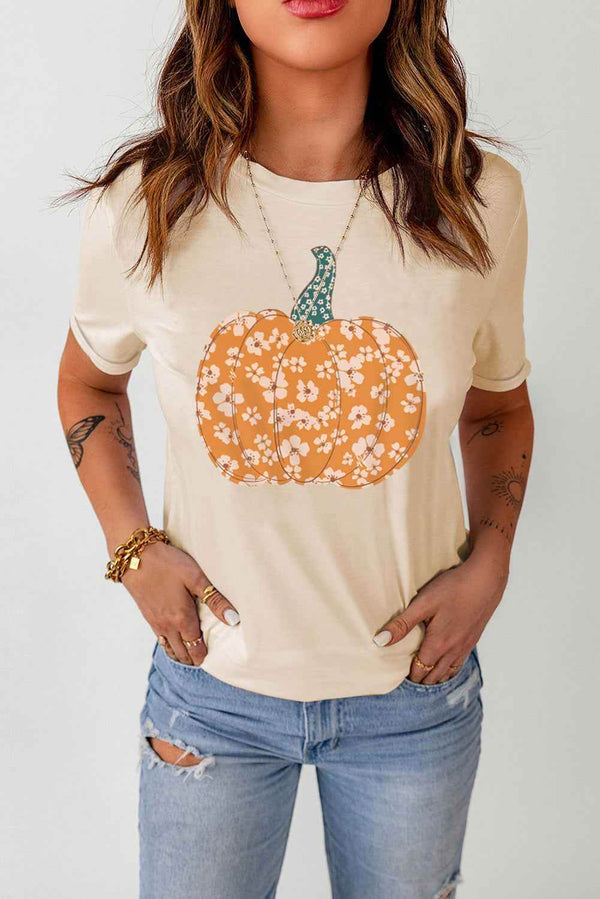 Pumpkin Graphic Round Neck Cuffed T-Shirt - GiFTiFY