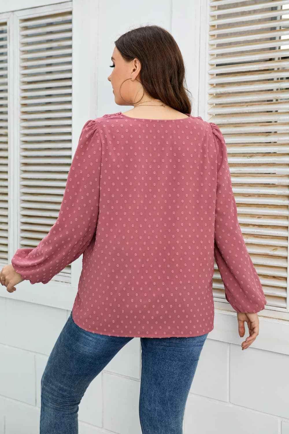 Honey Melo Apparel Plus Size Lace Trim V-Neck Balloon Sleeve Blouse women Attire by Trendsi