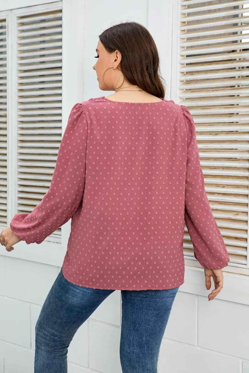 Honey Melo Apparel Plus Size Lace Trim V-Neck Balloon Sleeve Blouse women Attire by Trendsi