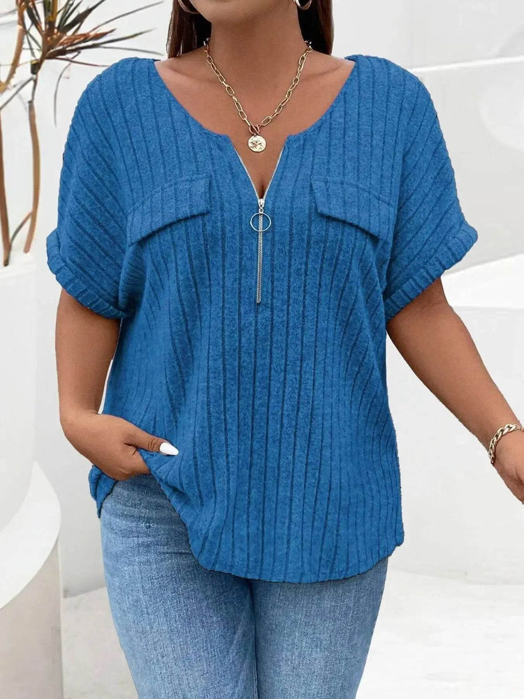 Plus Size Ribbed Half Zip Relaxed Fit T-Shirt - GiFTiFY