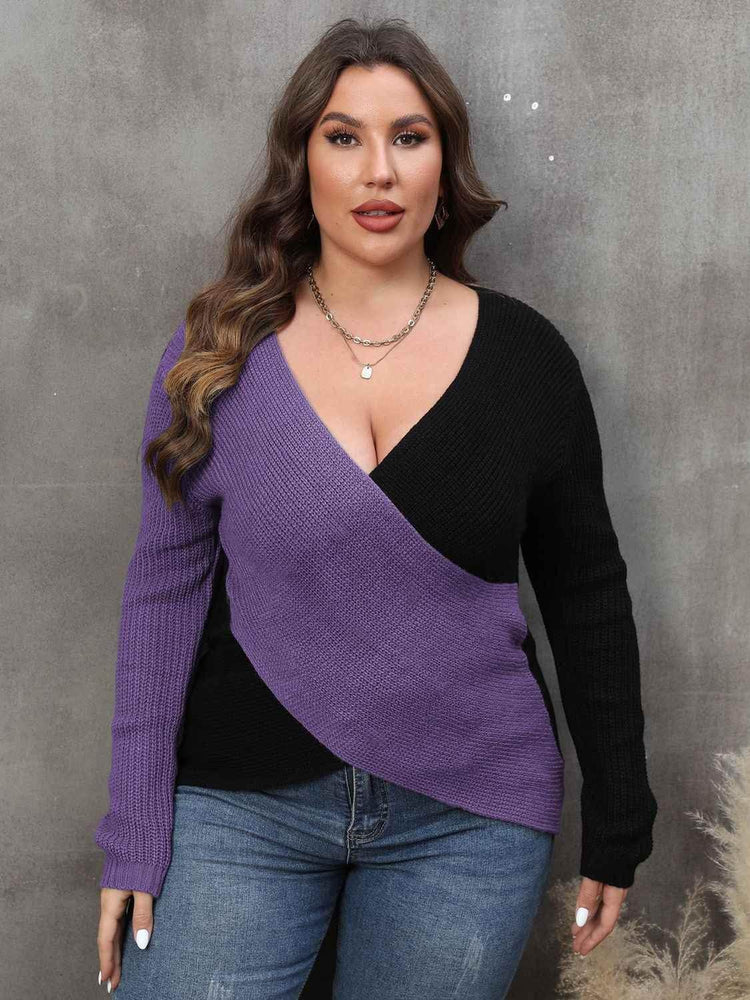 Plus Size Two-Tone Surplice Neck Sweater - GiFTiFY