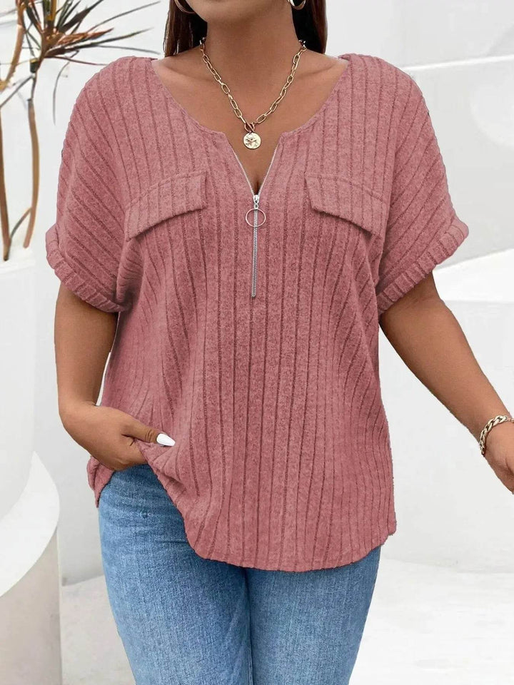 Plus Size Ribbed Half Zip Relaxed Fit T-Shirt - GiFTiFY