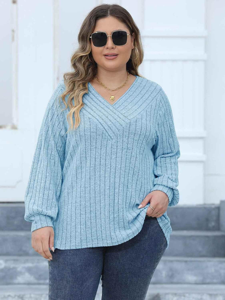 Plus Size Ribbed V-Neck Long Sleeve Top - GiFTiFY