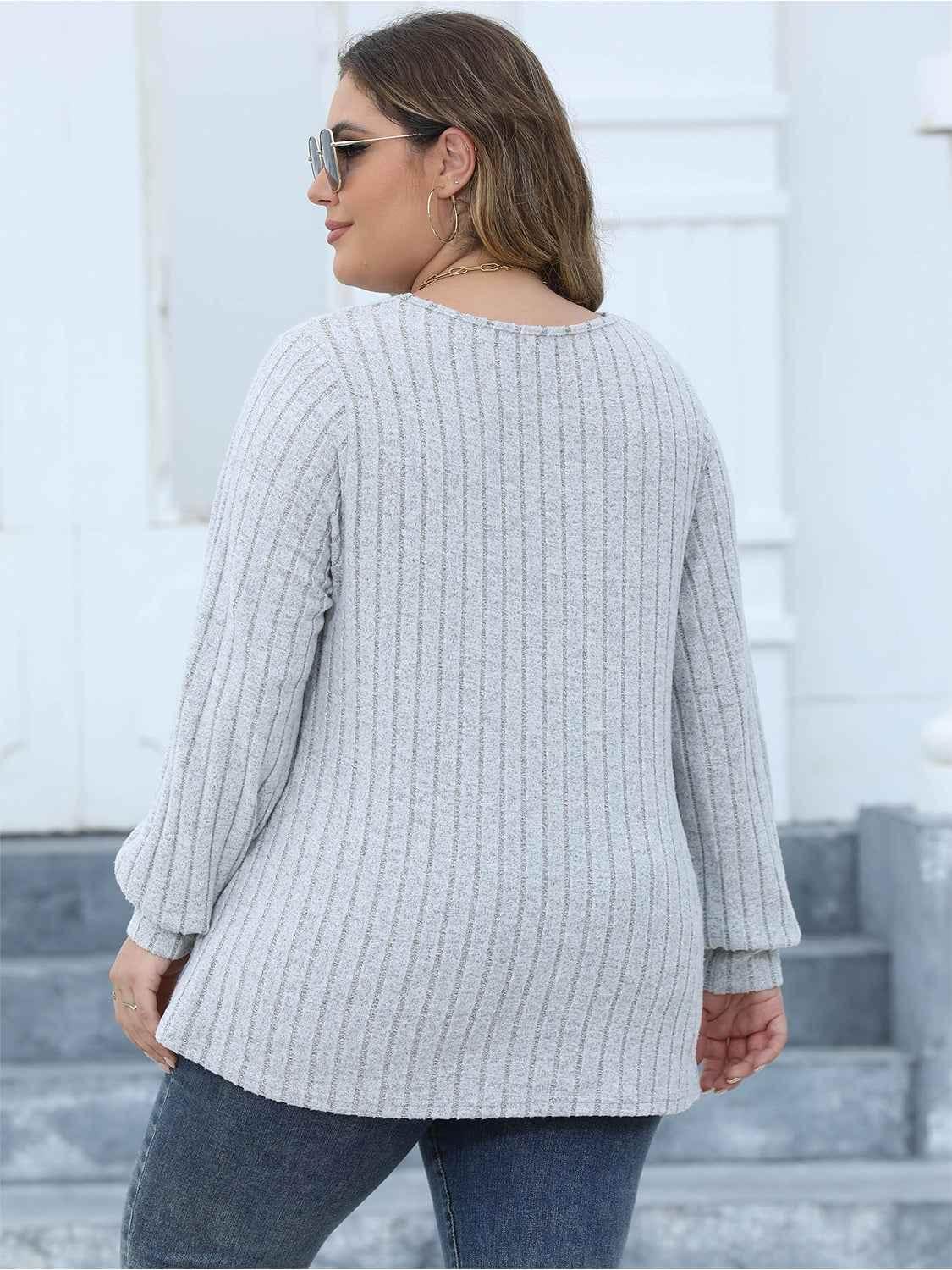 Plus Size Ribbed V-Neck Long Sleeve Top - GiFTiFY