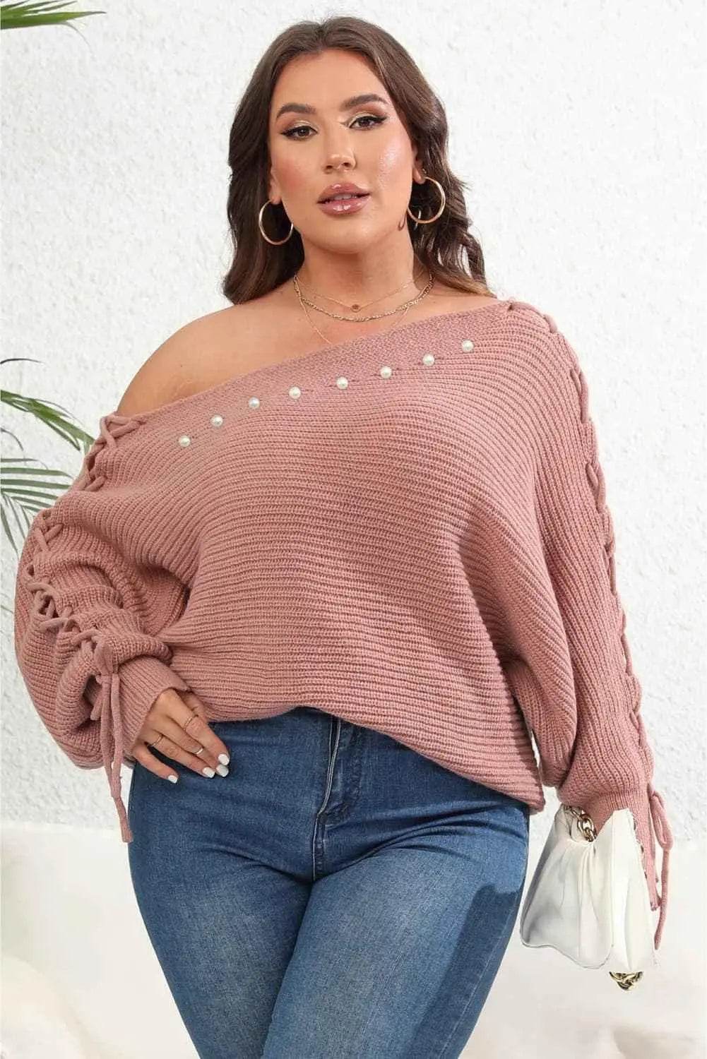 Plus Size One Shoulder Beaded Sweater - GiFTiFY