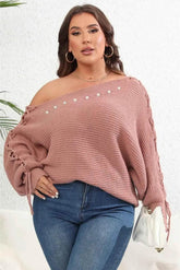 Plus Size One Shoulder Beaded Sweater - GiFTiFY