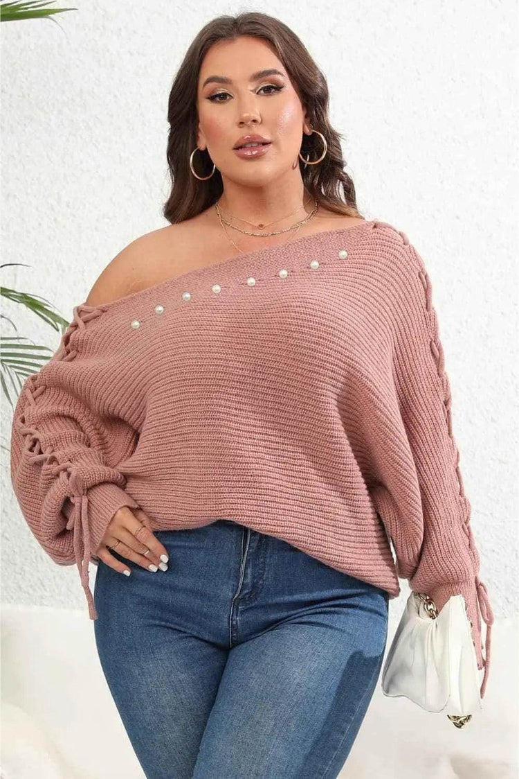 Plus Size One Shoulder Beaded Sweater - GiFTiFY