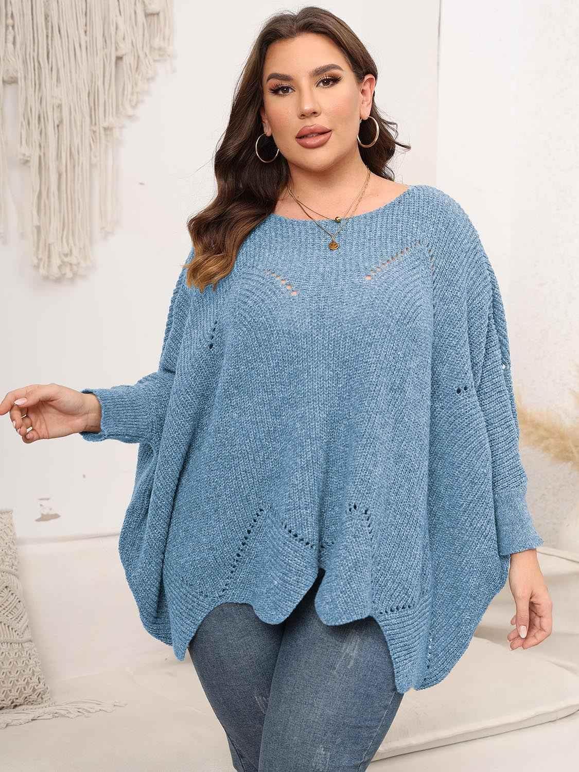 Plus Size Round Neck Batwing Sleeve Sweater - GiFTiFY