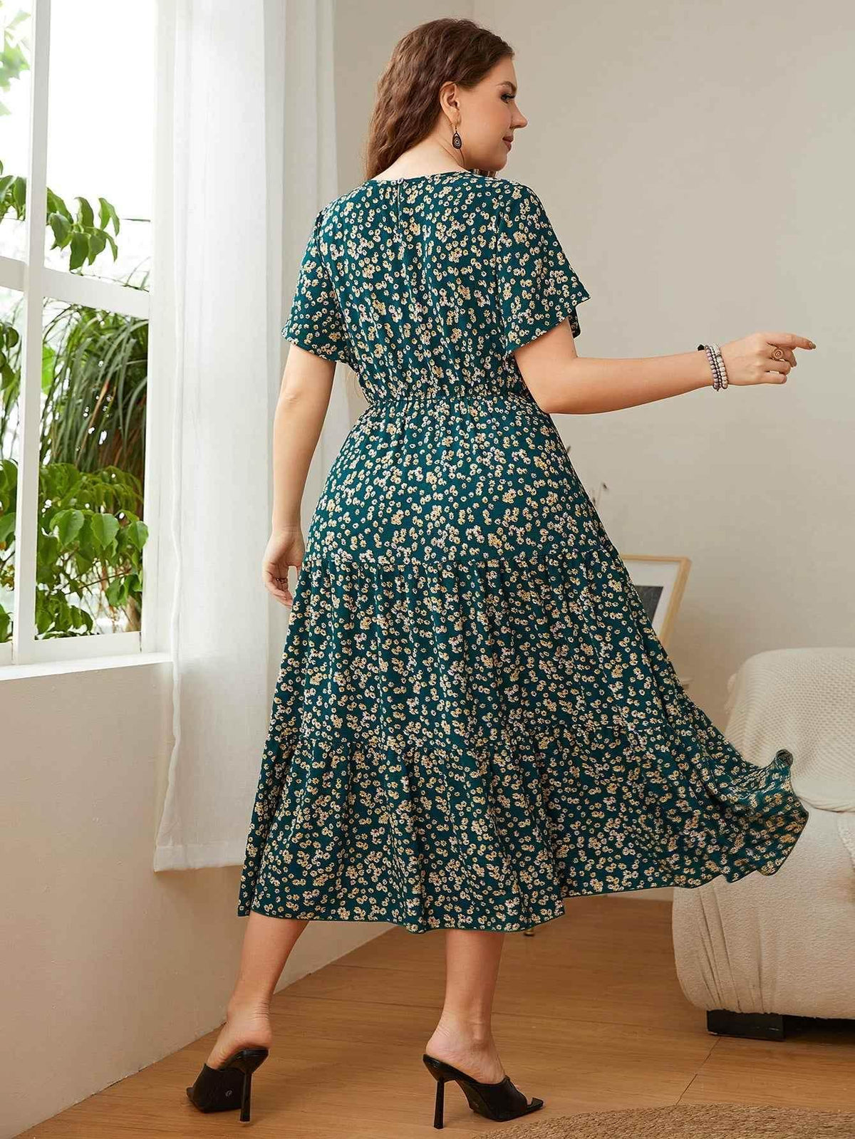 Honey Plus Size Floral Round Neck Short Sleeve Midi Dress women Attire by Trendsi