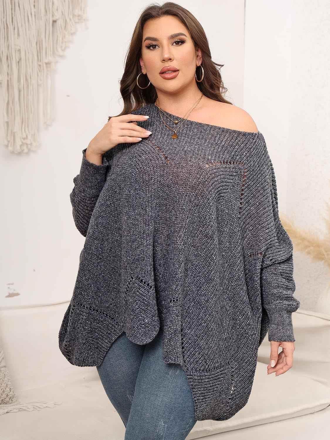 Plus Size Round Neck Batwing Sleeve Sweater - GiFTiFY