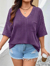 Plus Size V-Neck Ribbed Knit T-Shirt - GiFTiFY