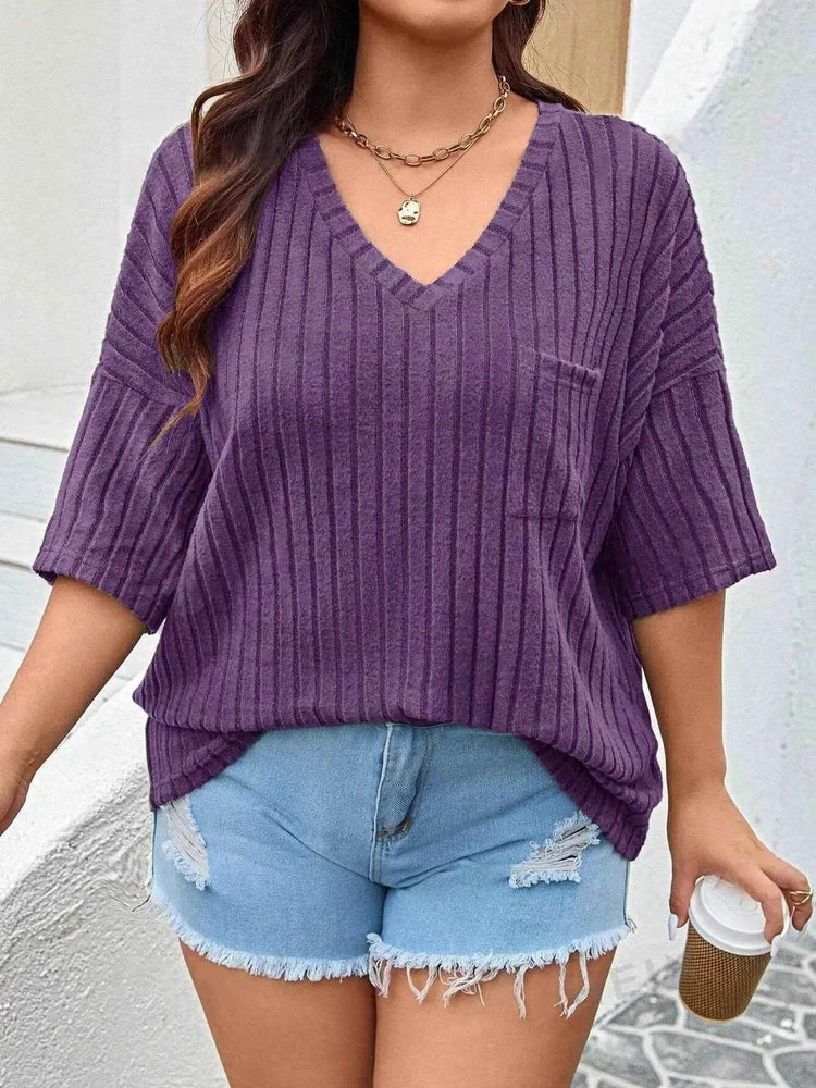 Plus Size V-Neck Ribbed Knit T-Shirt - GiFTiFY
