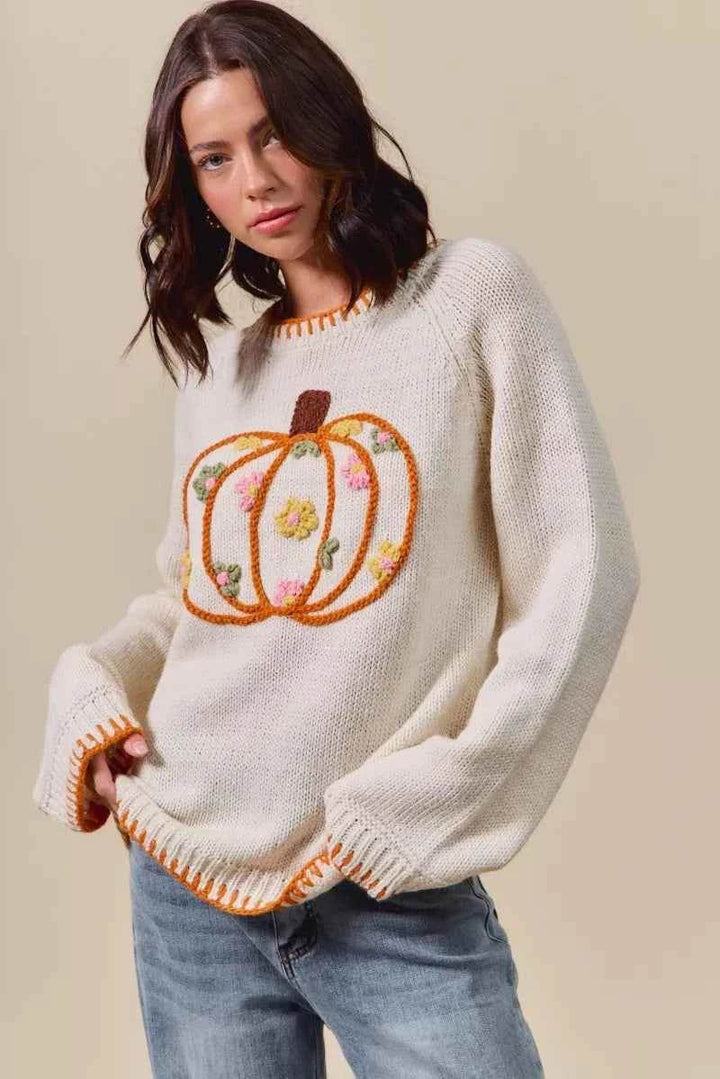SO ME Pumpkin Floral Embroidered Thanksgiving Sweater - GiFTiFY