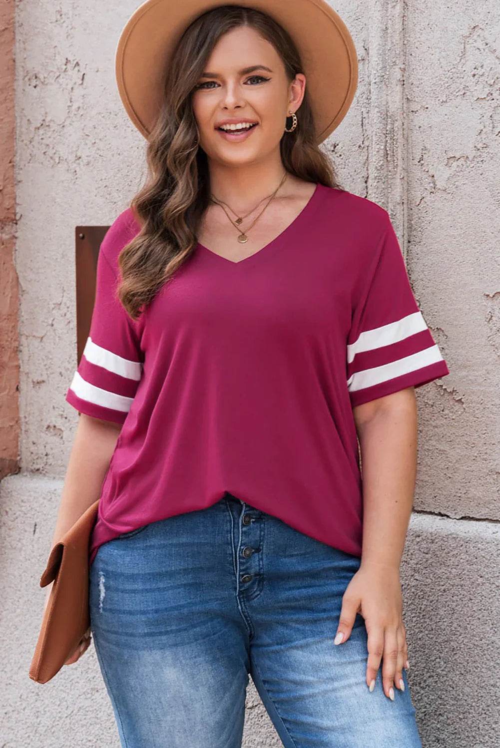 Plus Size Striped V-Neck Tee Shirt - GiFTiFY