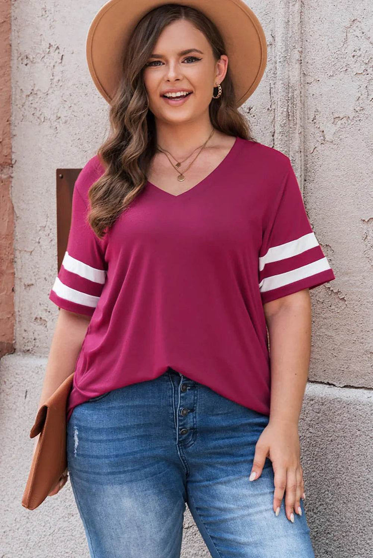 Plus Size Striped V-Neck Tee Shirt - GiFTiFY