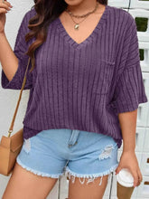 Plus Size V-Neck Ribbed Knit T-Shirt - GiFTiFY