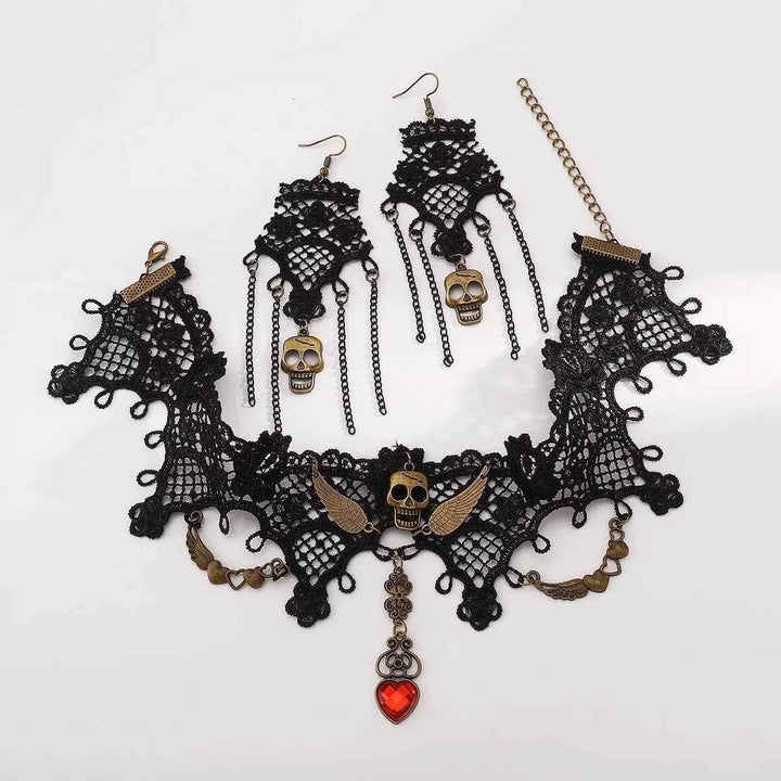 Halloween Lace Skull Necklace and Earrings Jewelry Set - GiFTiFY