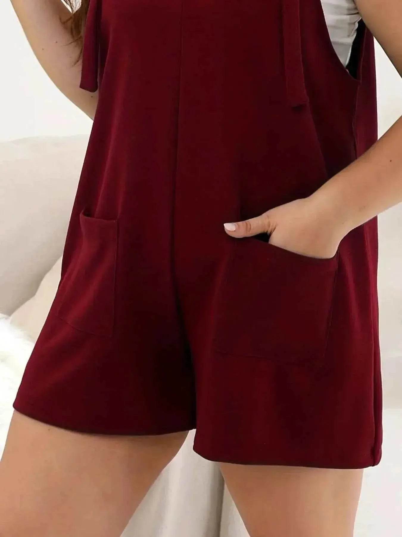 Plus Size Knotted Strap Romper with Pockets - GiFTiFY