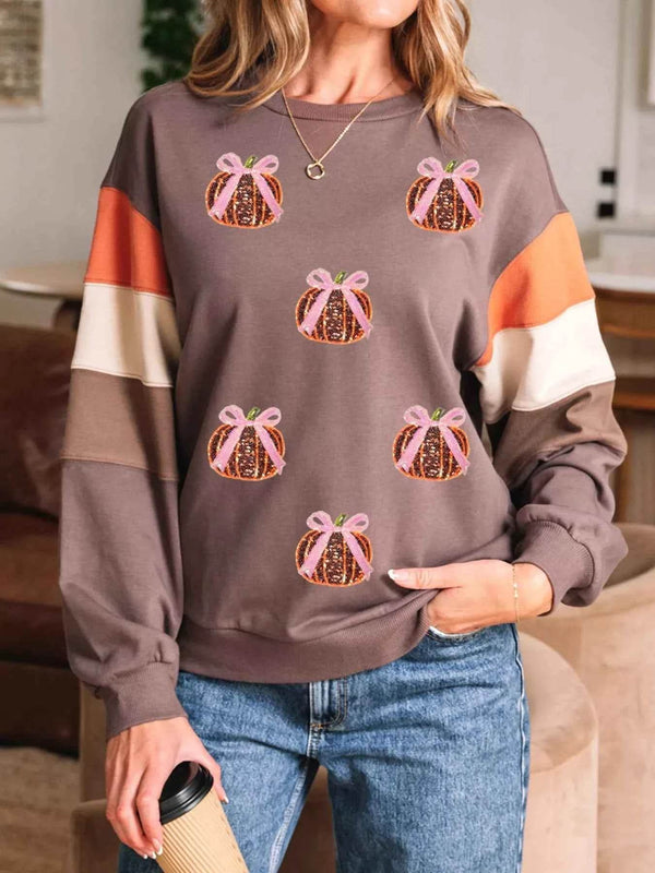 Sequin Bow Pumpkin Round Neck Sweatshirt - GiFTiFY