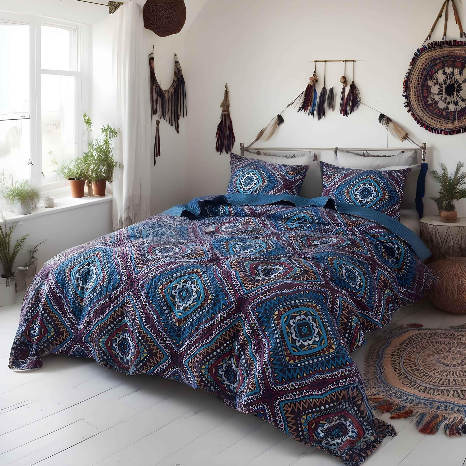 DaDa Bedding Farmhouse Bohemian Native Rustic Navy Blue Geometric Diamond Shapes Bedspread Set (KSX-001) - GiFTiFY