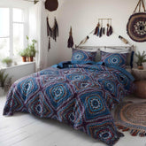 DaDa Bedding Farmhouse Bohemian Native Rustic Navy Blue Geometric Diamond Shapes Bedspread Set (KSX-001) - GiFTiFY
