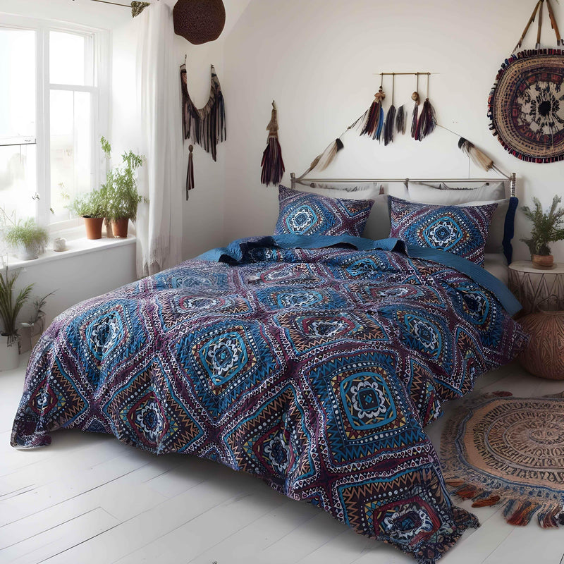 DaDa Bedding Farmhouse Bohemian Native Rustic Navy Blue Geometric Diamond Shapes Bedspread Set (KSX-001) Bedspreads by DaDalogy Bedding Collection