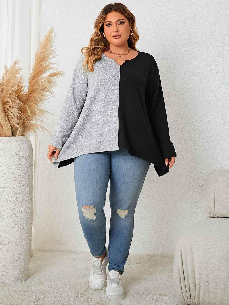 Honey Plus Size Contrast Notched Neck T-Shirt women Attire by Trendsi