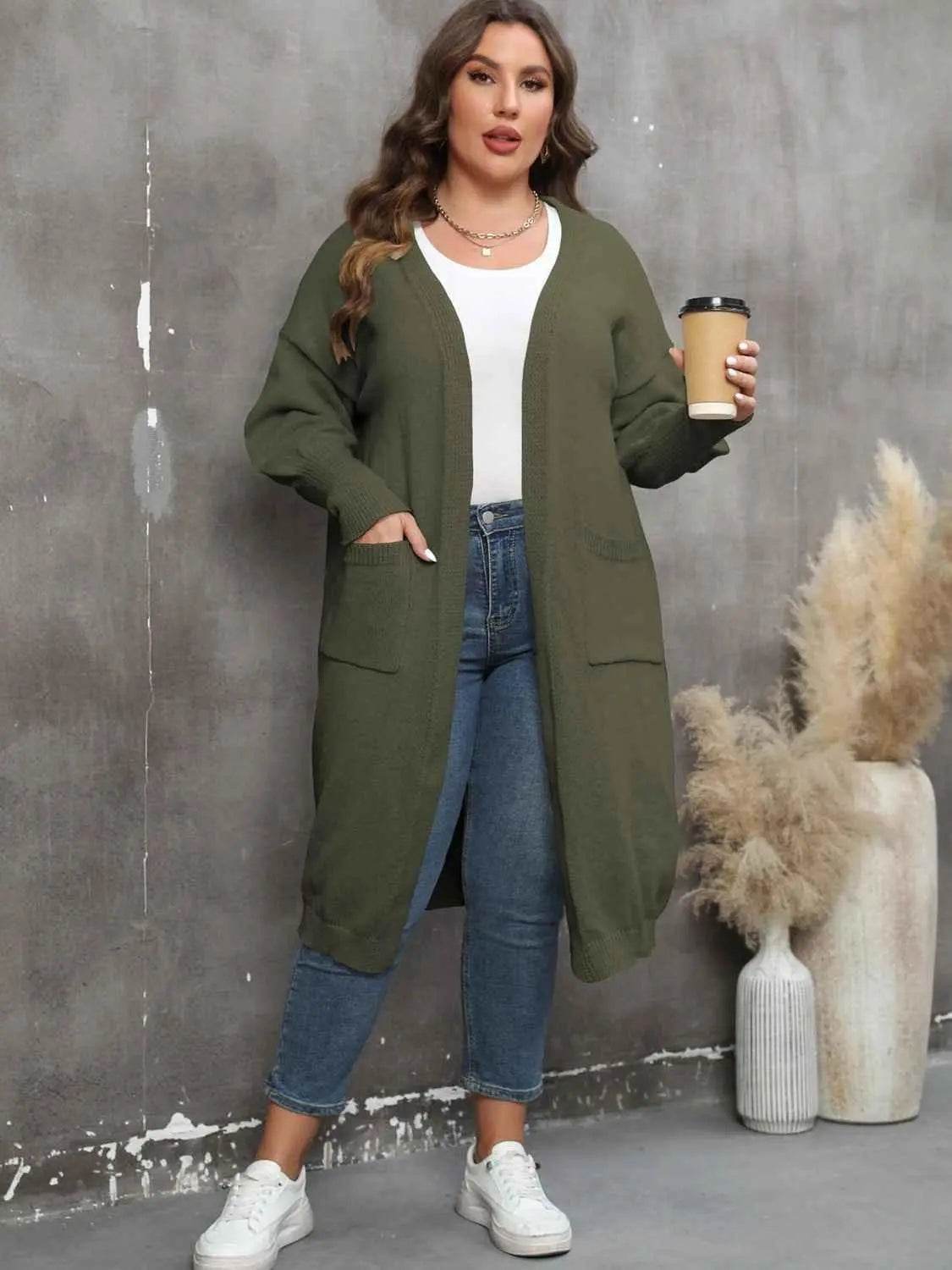 Plus Size Long Sleeve Pocketed Cardigan - GiFTiFY