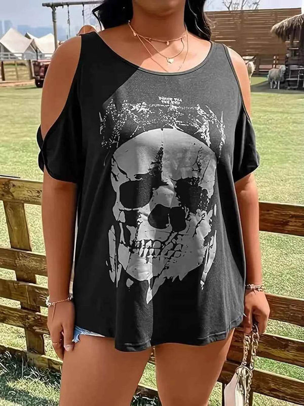 Plus Size Skeleton Graphic Round Neck Cold Shoulder T-Shirt - GiFTiFY