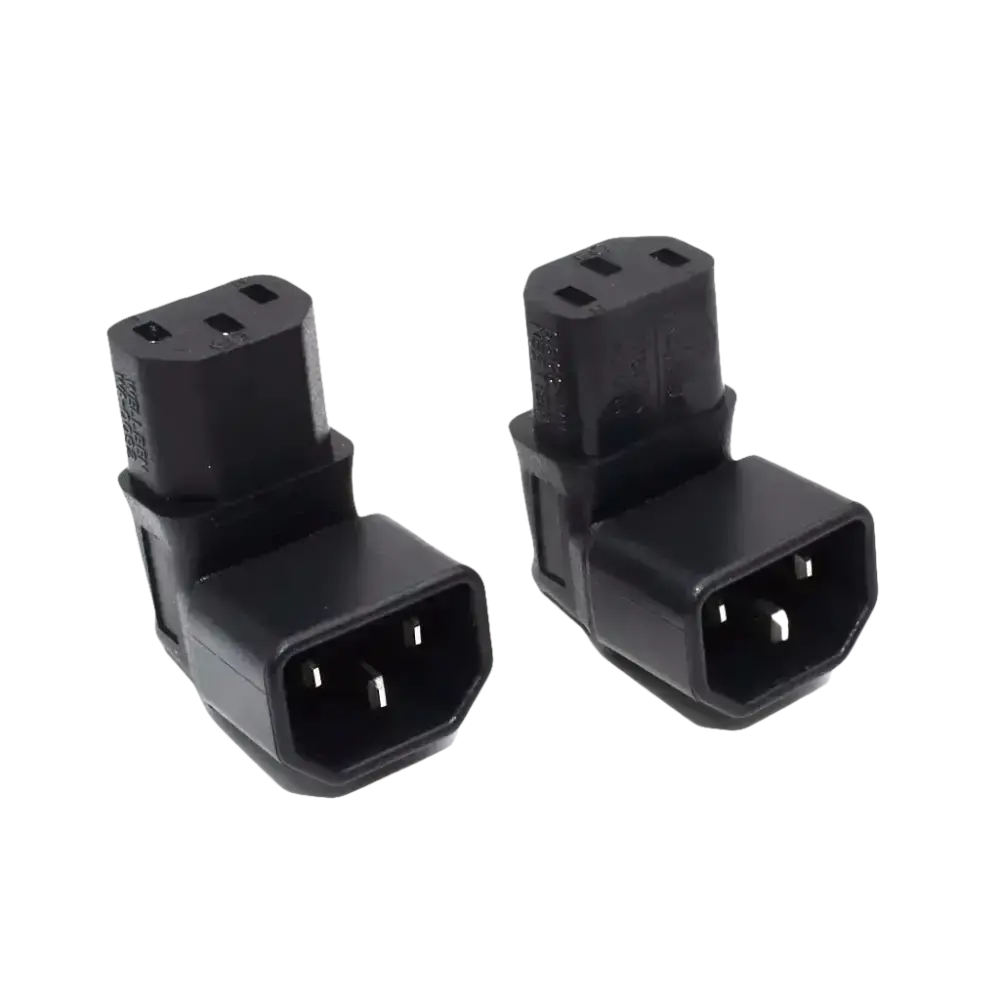 Two black IEC C14 to C13 right angle adapters.