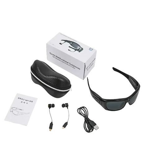 Sunglasses with camera, earphones, and Bluetooth.