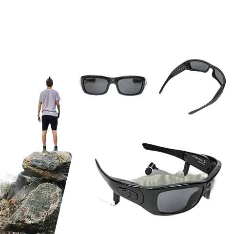 Black sunglasses with attached earbuds.