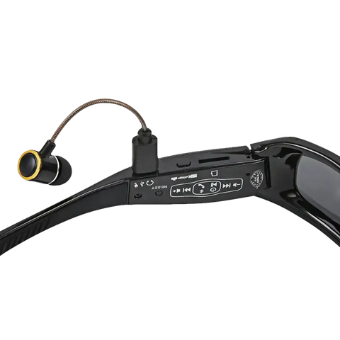 Sunglasses with built-in camera, USB port, and earbud.