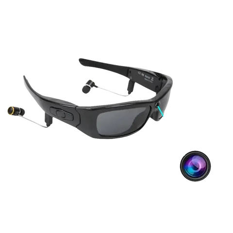 Black sunglasses with built-in camera and headphones.