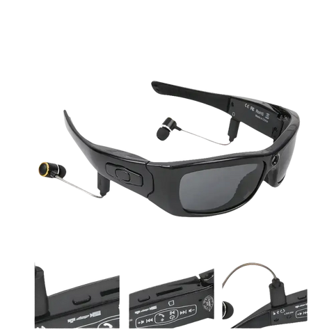 Black sports camera smart glasses with attached earphones.