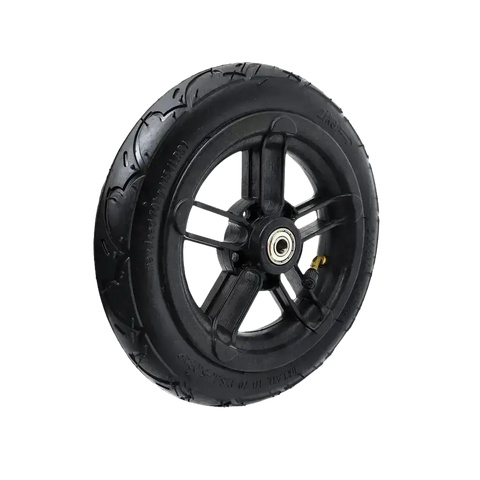 Black rubber tire with plastic rim.