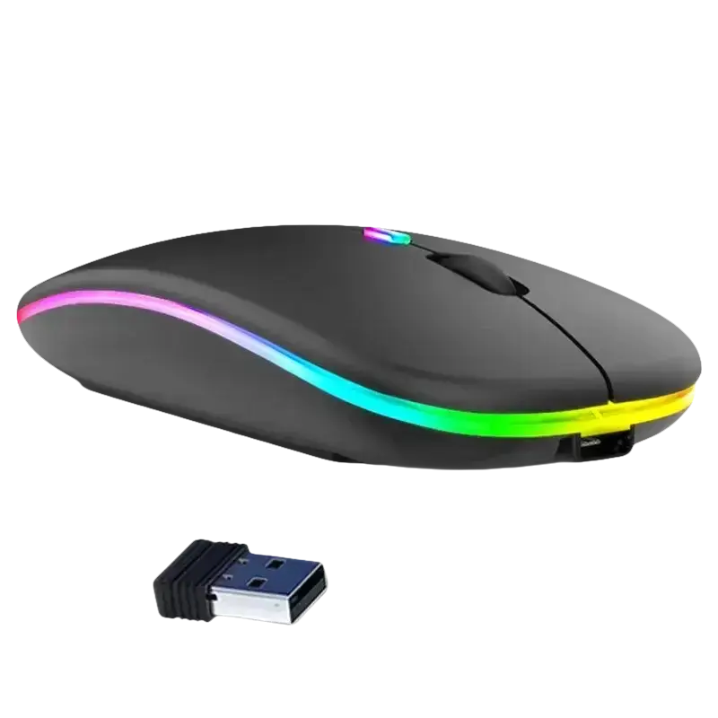 Black wireless computer mouse with rainbow lighting.