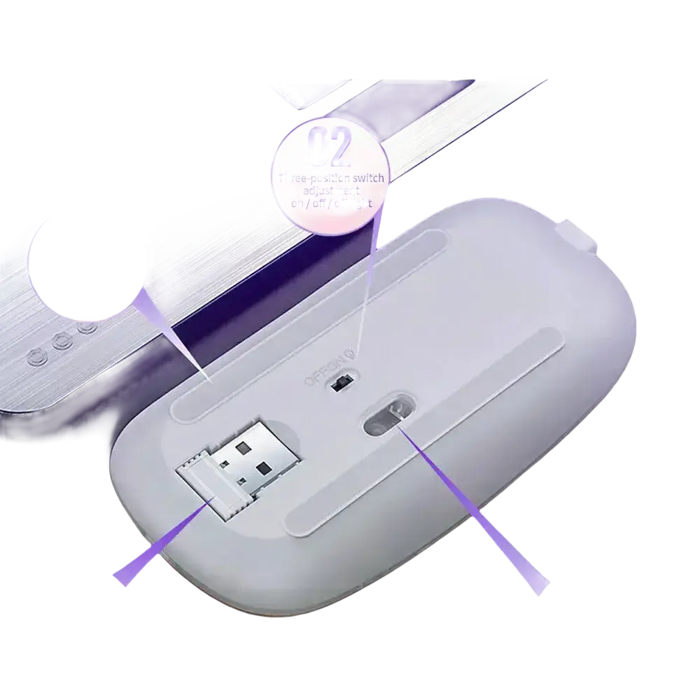 Computer mouse underside with features highlighted.